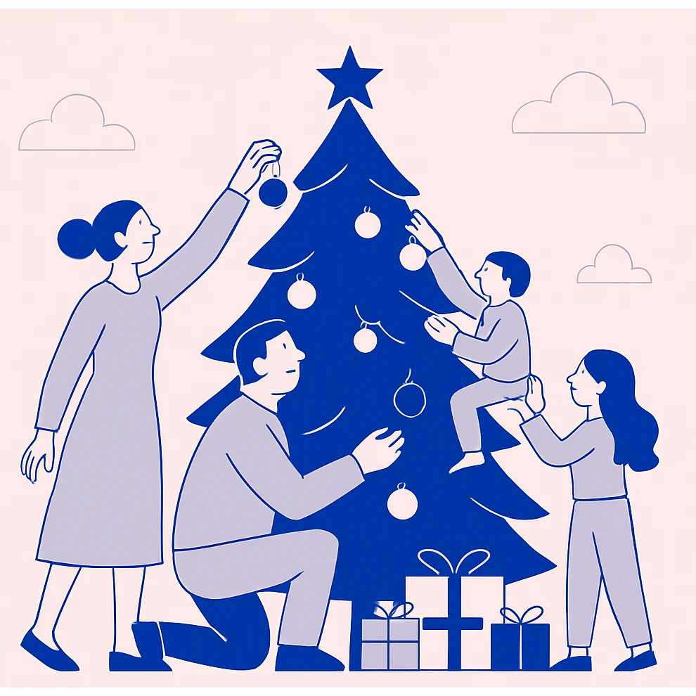 family hanging ornaments on Christmas tree emoji