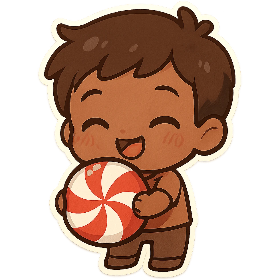 chibi style brown male holding a peppermint candy, cheerful expression, kawaii look emoji