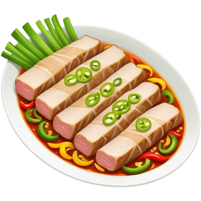 Twice Cooked Pork slices with leek and peppers, simplified emoji style with bold outlines and bright colors, cartoon style Hui Guo Rou Sichuan specialty emoji