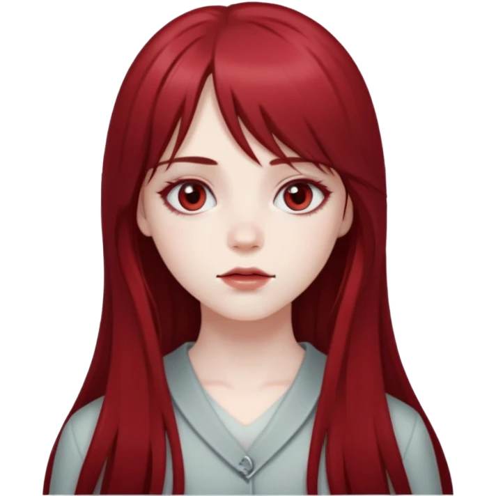 pale girl with deep red and long hair, having a long middle bang on her face, her eyes are greyish in colour emoji