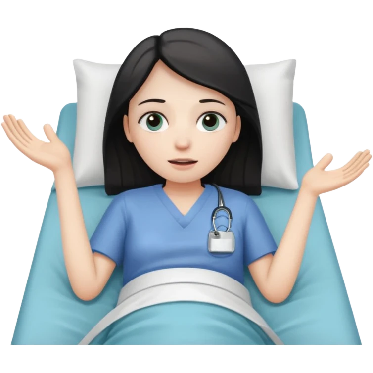 person lying in hospital bed with their eyes open holding up their left hand emoji