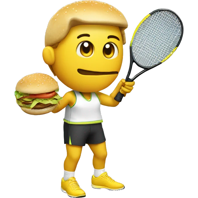 "A tennis player is holding a racket and eating a burger." player skin yellow emoji