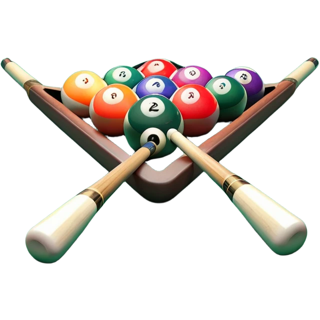 Two crossed pool cues resting on a billiard table, with colorful billiard balls scattered across the surface. The background features the felt of the table, creating an inviting atmosphere for a game of precision and strategy emoji