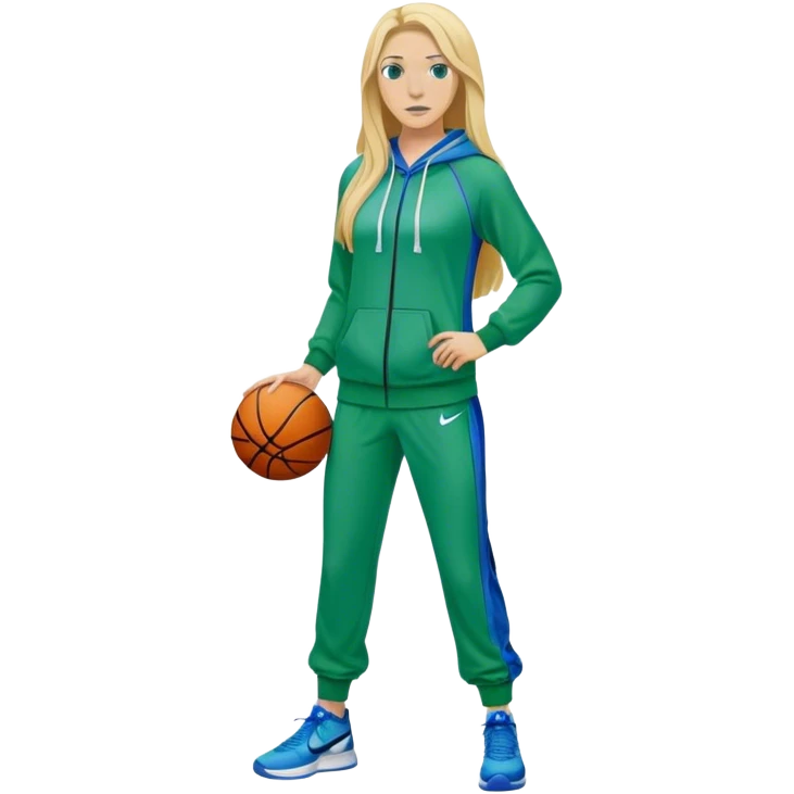 Full Body white female basketball head coach with long blonde hair in a blue and green Nike sweatsuit emoji