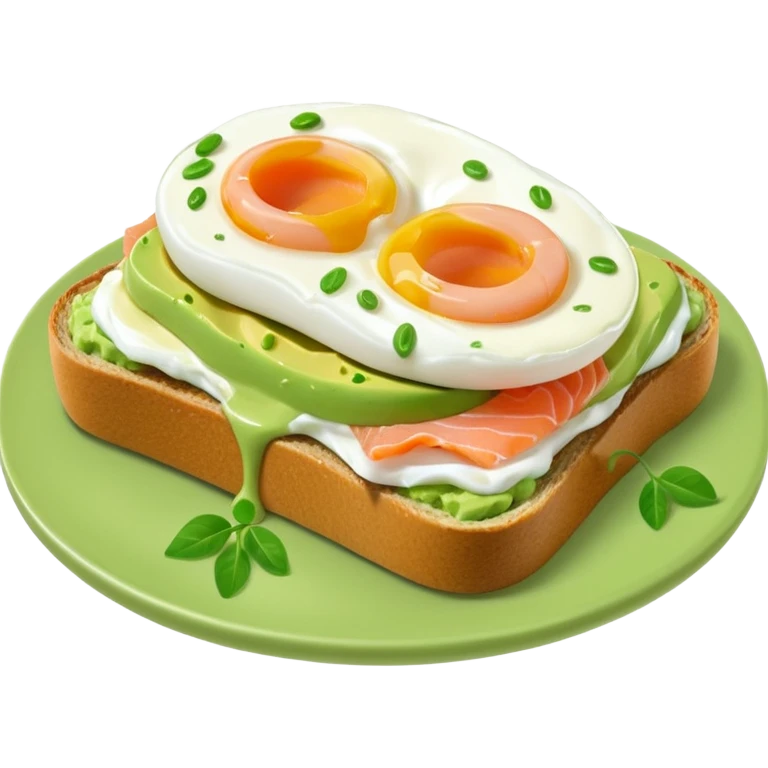 avocado toast with salmon and pachot eggs, green cream is covering everything emoji