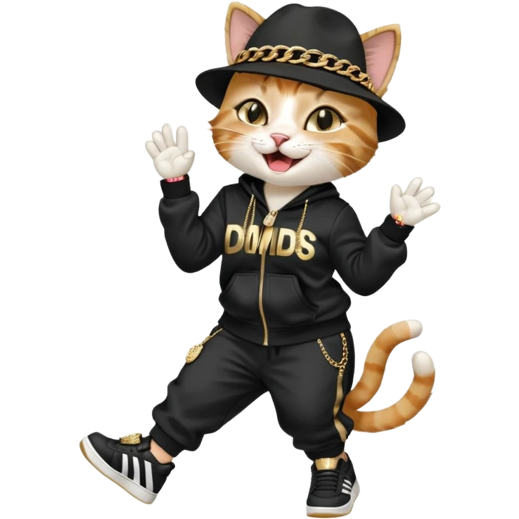 female cat dressed like Run DMC with tracksuit, fedora, Adidas shoes, lots of gold chains, rings, bracelets, earrings, laughing, looking up, no sunglasses emoji