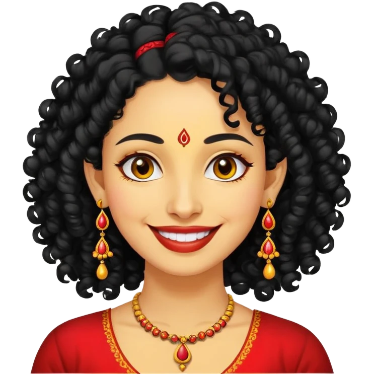"- Phụ nữ
- 35 tuổi
- Da vàng
- Tóc đen xoăn nhẹ
- Có chấm đỏ Bindi, đeo khuyên tai
- Mặt cười
" emoji