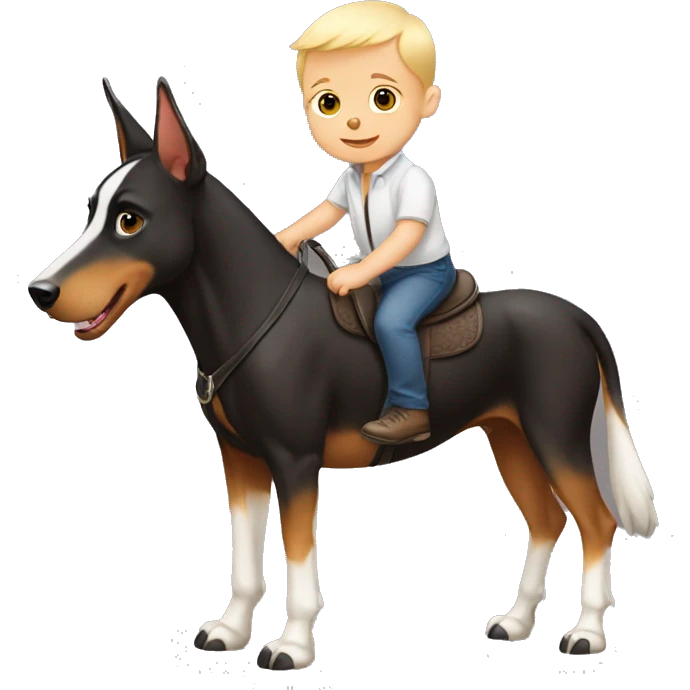 A white baby boy riding a Doberman like a horse emoji
