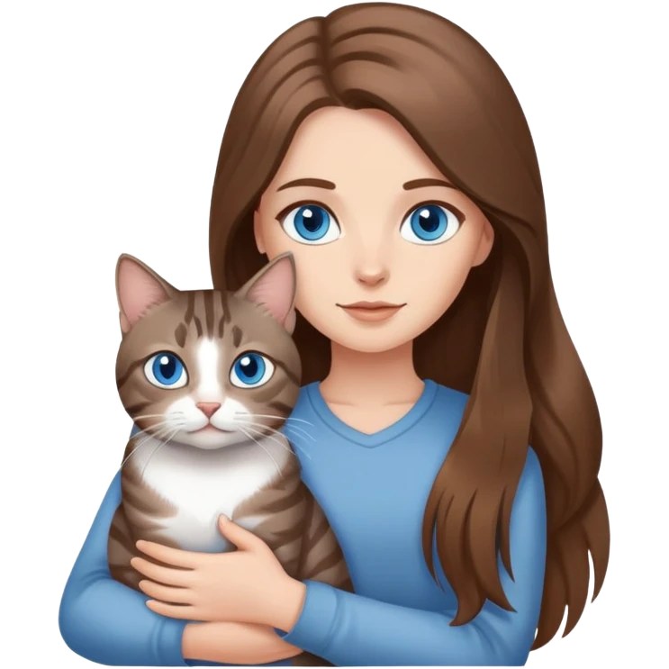 White girl with blue eyes and long brown hair, holding gray tabby cat emoji