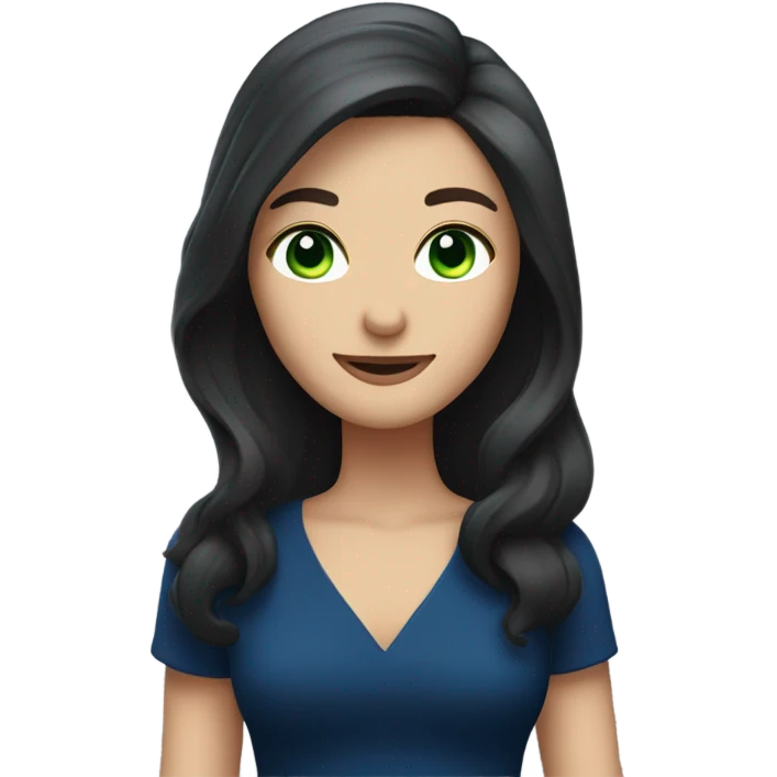 a brunette with long hair and green eyes in a dark blue dress winks emoji