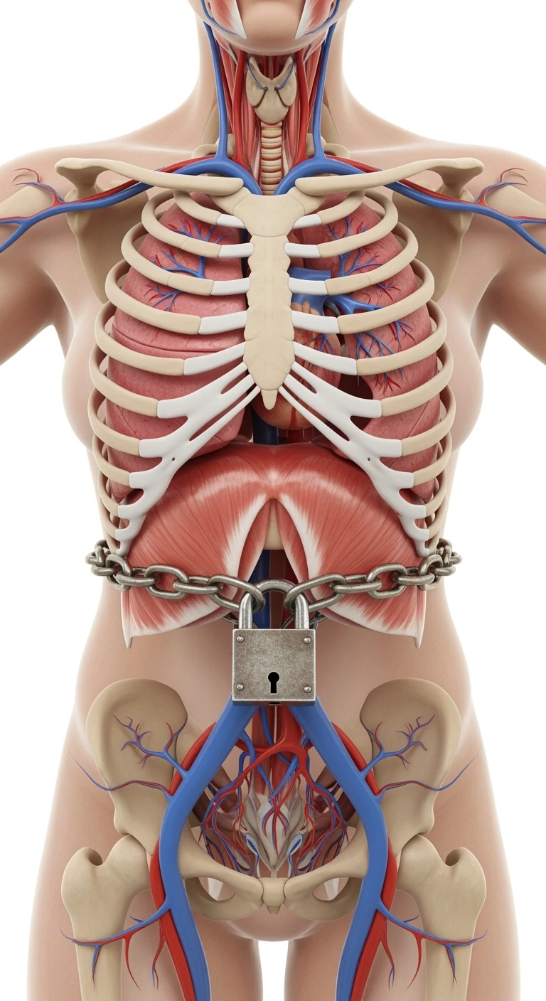 corpo umano anatomico di una donna con diaframma in evidenza, diaframma chiuso da catena e lucchetto, iperrealistica 4k, sfondo bianco emoji