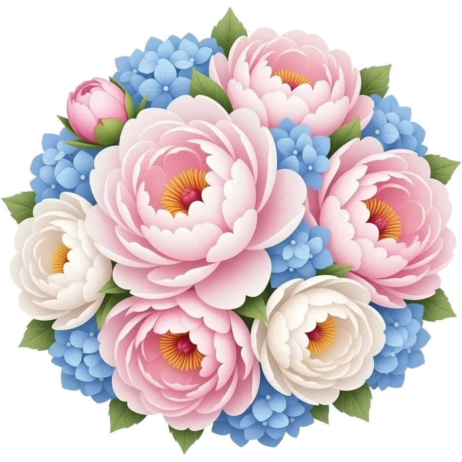 Pink and white peonies and blue hydrangeas emoji