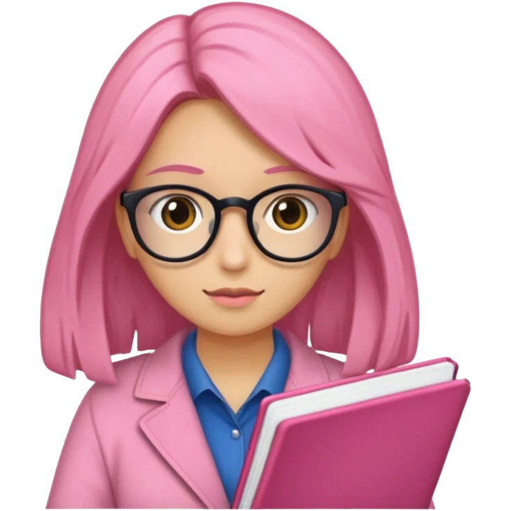 Estudante de cor parda cabelo cacheado loiro escuro de óculos segurando um caderno rosa emoji