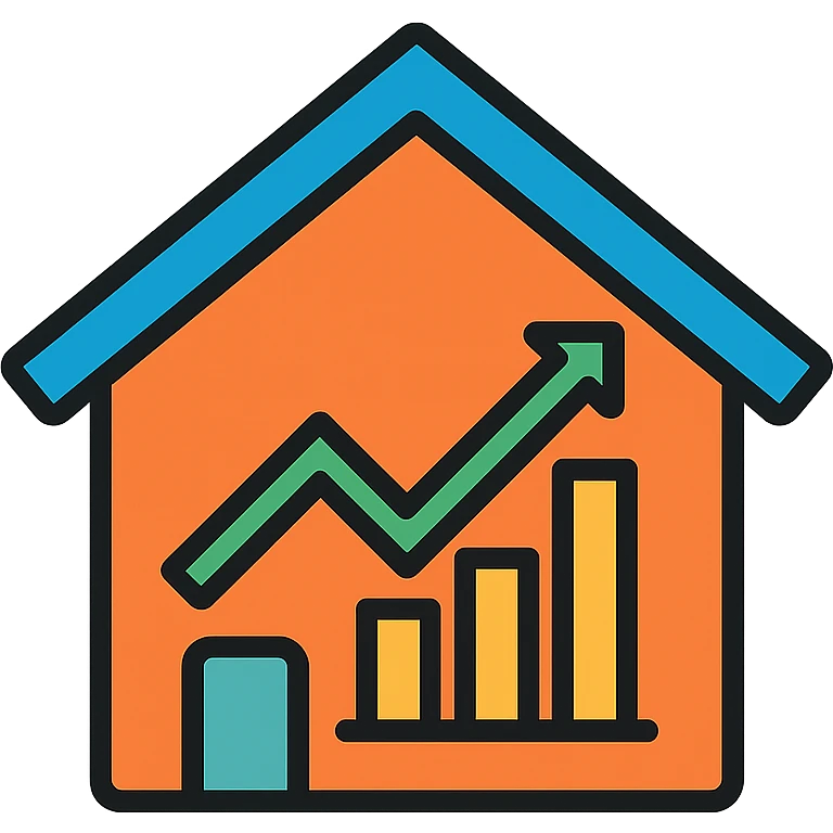 house with an upward trending graph, colorful outline icon style emoji