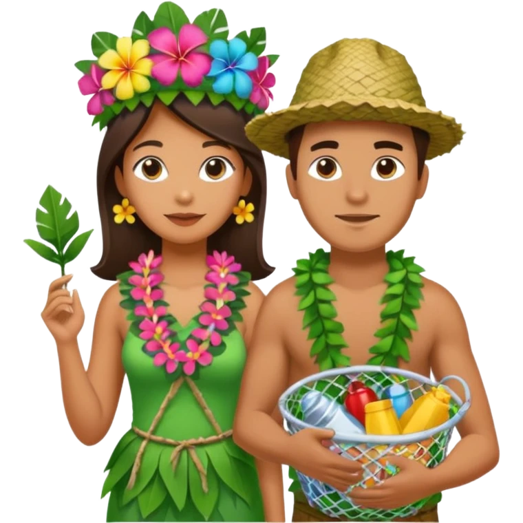 Hawaiian woman man with leaf hat and big trash net and colorful cloth emoji