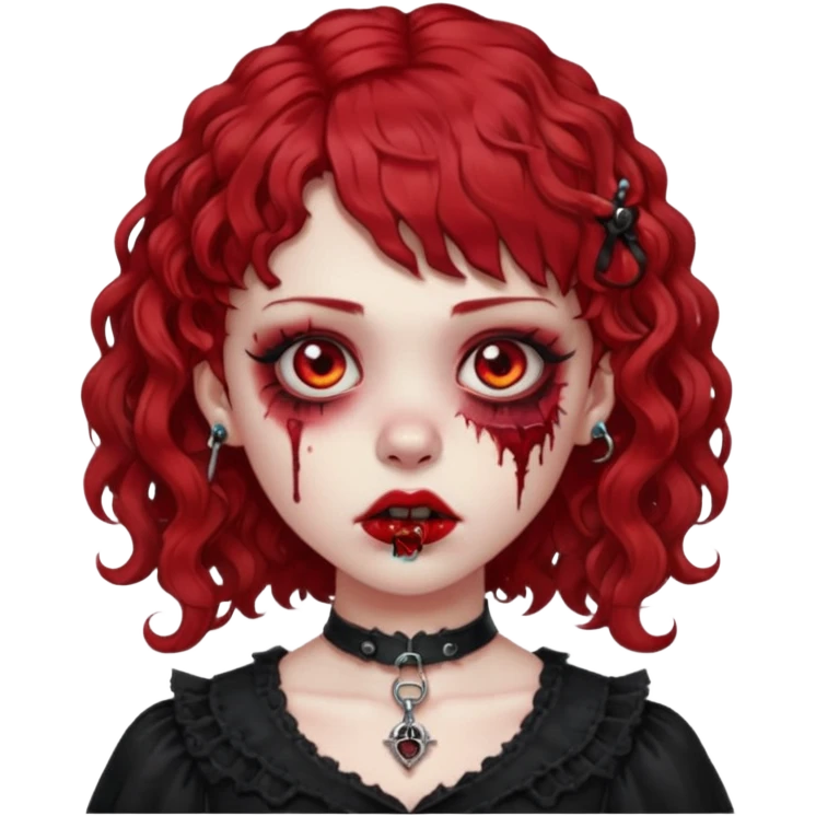 zombie girl red hair cacheado médio e franja, com piercing na boca(labret lateral), roupa gótica  emoji