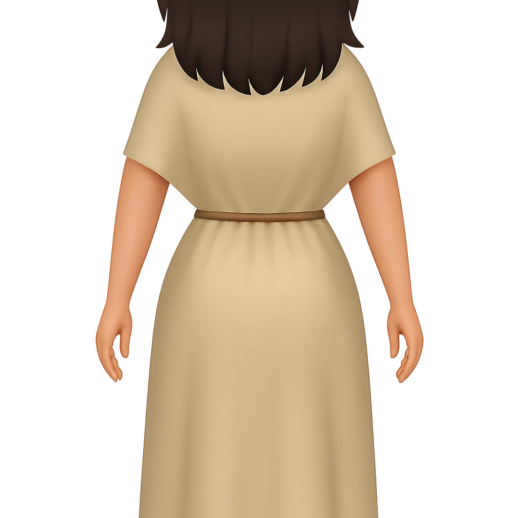 Create a back view, fullbody emoji style character with the same style and proportions as the reference image. The character should wear a plain light tan dress, have dark hair, arms by sides, and a transparent background. emoji