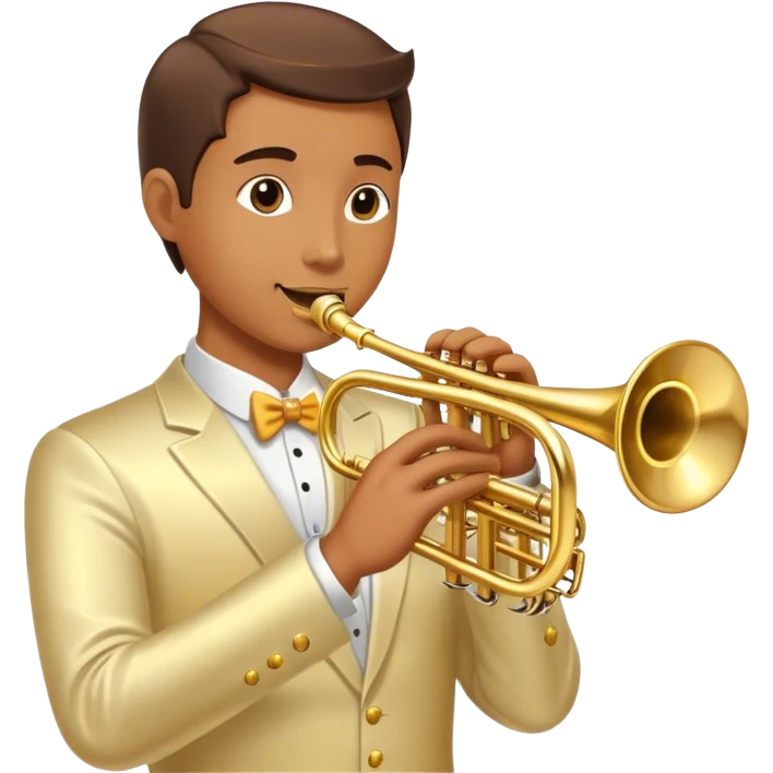 Cinematic Realistic Trumpet, polished brass with warm golden reflections, intricate valve details subtly highlighted, soft hands pressing the keys, glowing with bold and triumphant musical energy. emoji