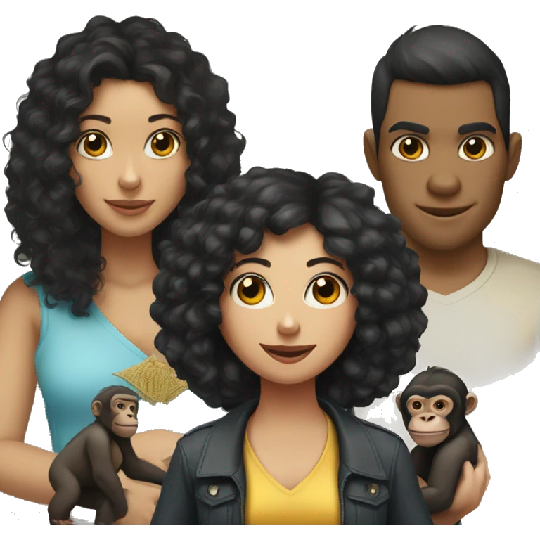 a woman with a monkey and a gorilla on her shoulder, the girl has black curly hair, light skin  emoji