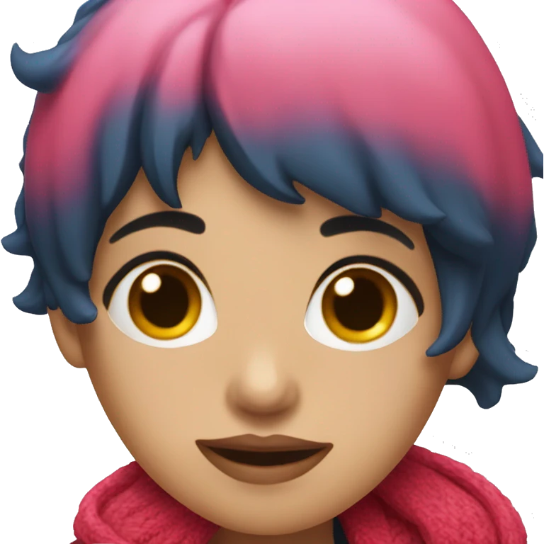 A pink woman with messy black short hair, two red horns wearing a blue cardigan emoji