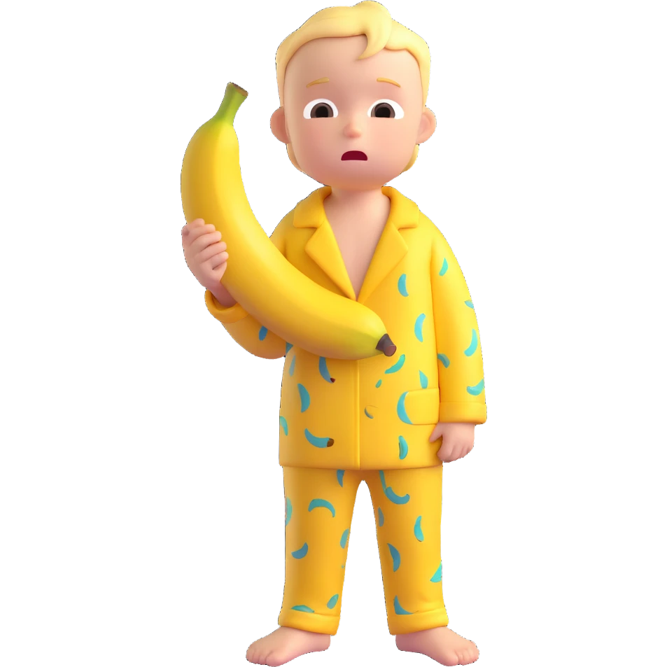 Change the boy's emotion to crying with visible tears, keeping his appearance, pose, pajamas, and the banana piece in his hand exactly the same. Maintain the same 3D cartoon style with soft, natural colors. No background (transparent). emoji