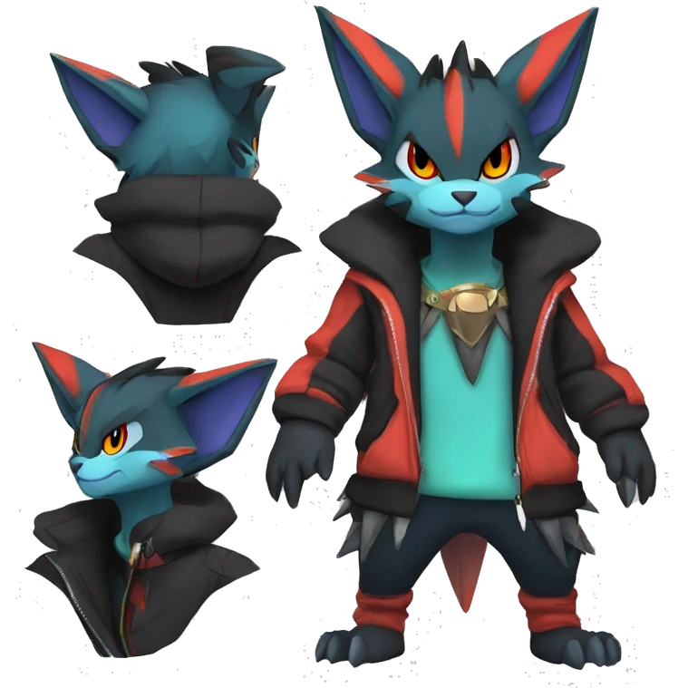 Cool Anthro Black Noivern-Quilava-Litten-Pokémon with edgy stripes hoodie spiked collar punk Full Body emoji