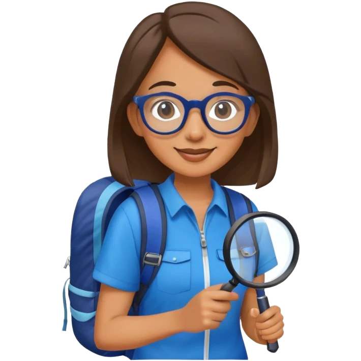 Happy woman hiker with glasses in vibrant dark blue and white outfit, backpack, holding magnifying glass emoji