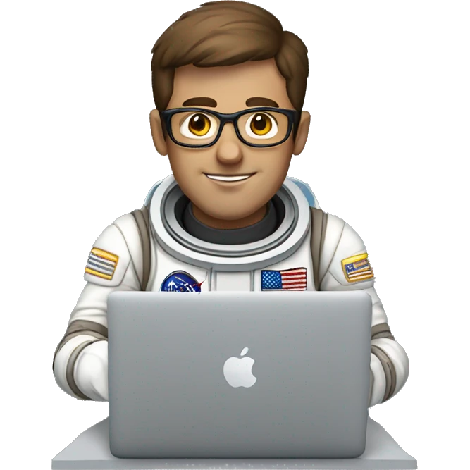 Man in glasses and an astronaut suit working on a MacBook.He has short brown hair and a friendly expression. emoji