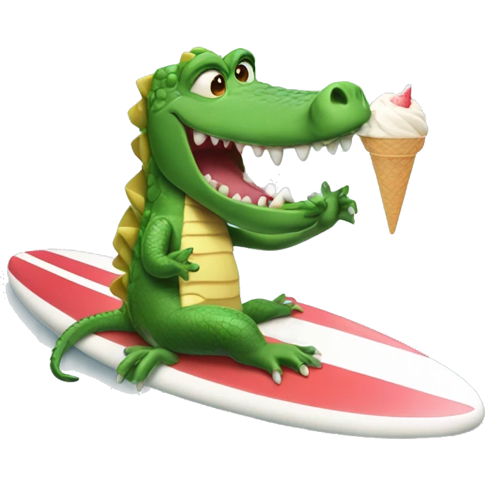 Crocodile riding a surfboard eating ice cream emoji