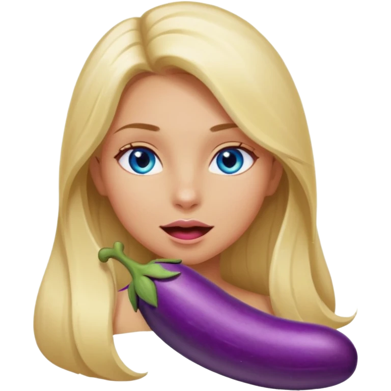 Girl, long blond hair, blue eyes, sucking big eggplant emoji