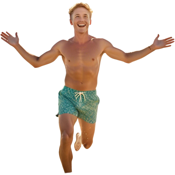 A white man running into the ocean with arms wide open, embracing the waves and the moment. The sun shines warmly, and the water sparkles, symbolizing the joy of creating fun and appreciating life’s simple moments. Their footprints in the sand fade as they fully immerse themselves in the present. emoji