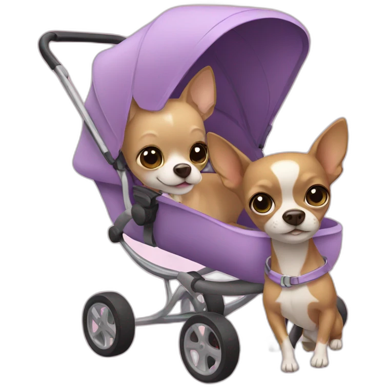 Two girls with chihuahua in stroller emoji
