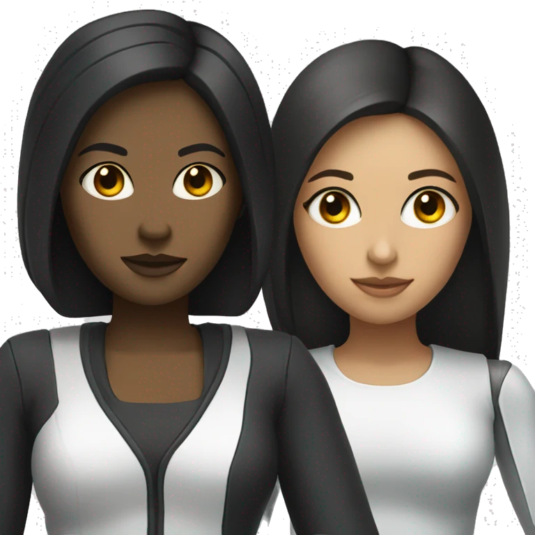Half Woman (dark hair, eyeliner) and half robot emoji