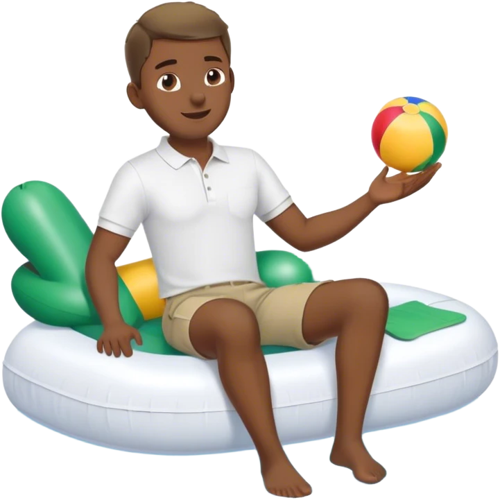 Pool attendant. white polo shirt. khaki shorts. african. sitting on a swimming pool float emoji