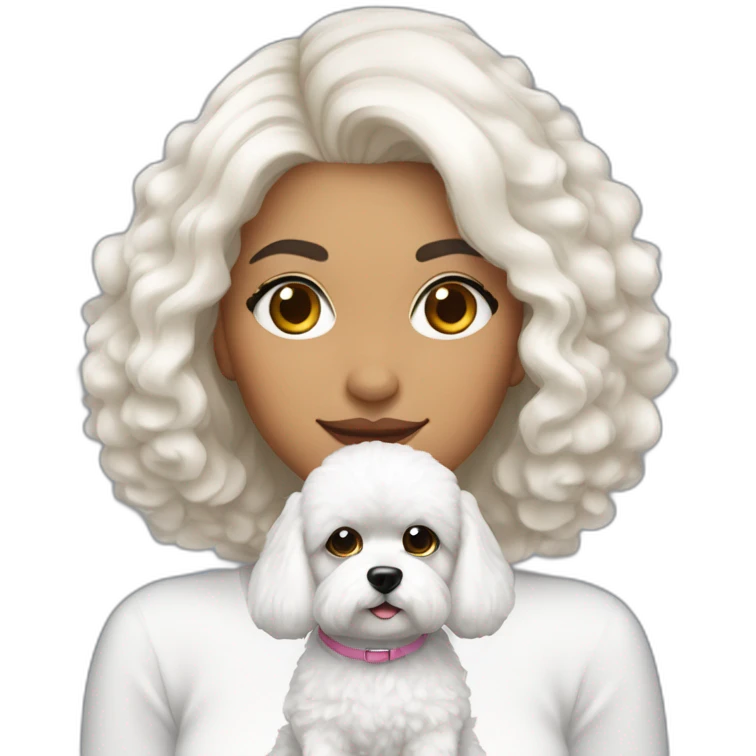 mujer piel blanca pelo negro con peinado de moño y perro bichon maltés blanco emoji