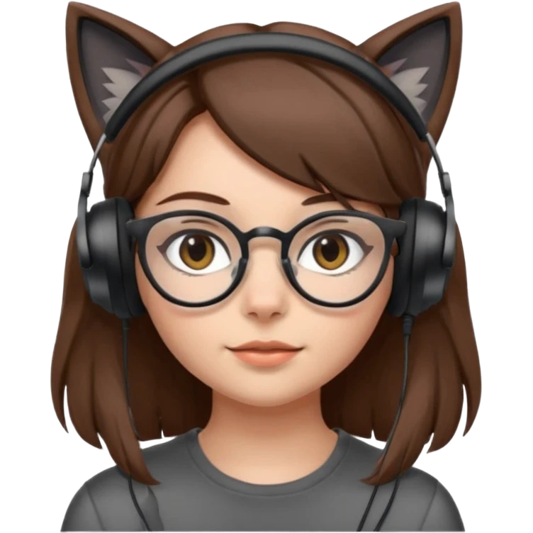 fille brune a lunette avec casque oreille de chat noir et gris sans boucle d'oreille emoji