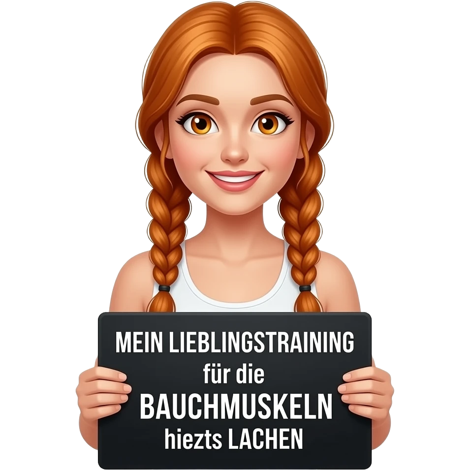 sexy girl with long ginger braids and ginger eyes wearing a white tanktop is holding a black sign with MEIN LIEBLINGSTRAINING für die BAUCHMUSKELN heißt LACHEN written on it emoji