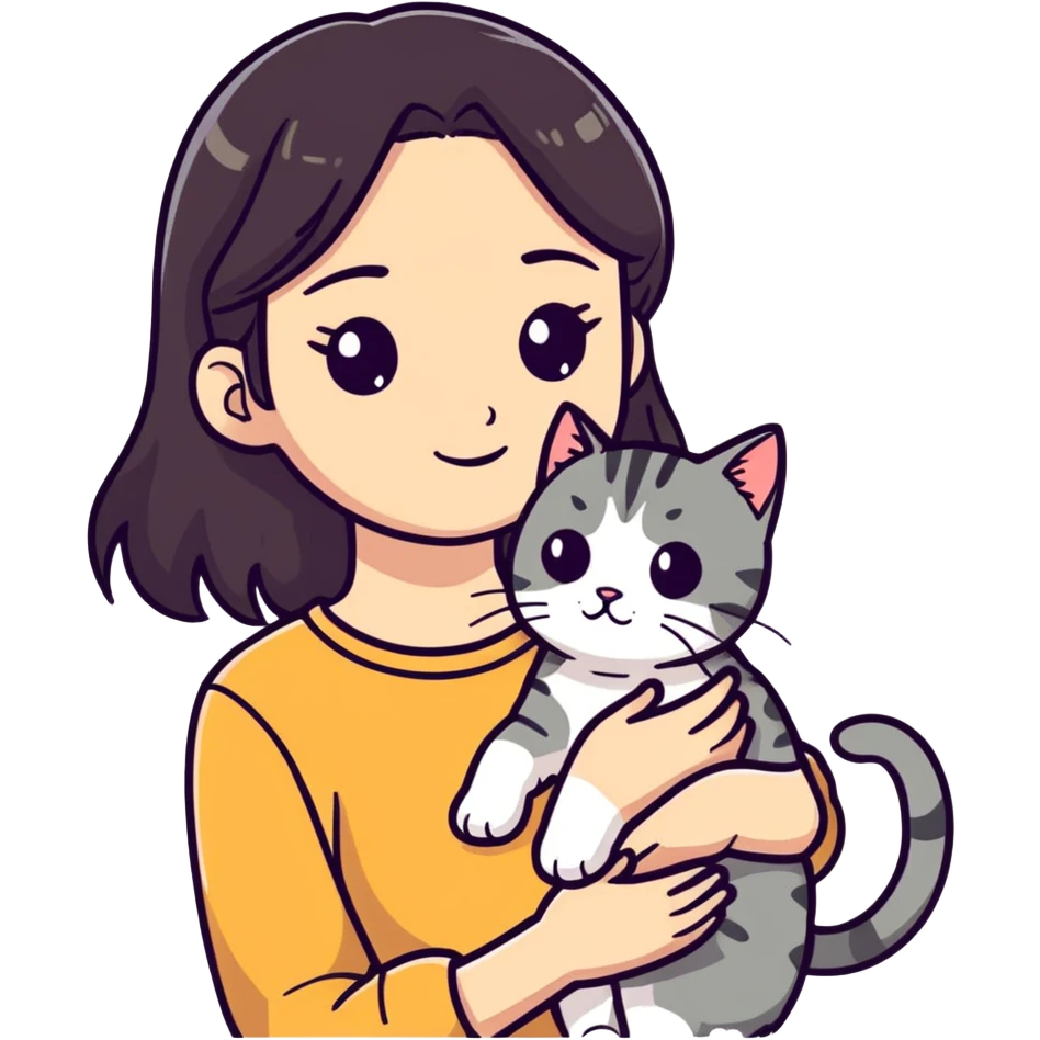 Dark hair girl with a tabby cat emoji