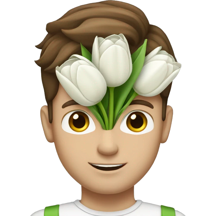 man with brown hair and green eyes holding a bouquet of white tulips emoji