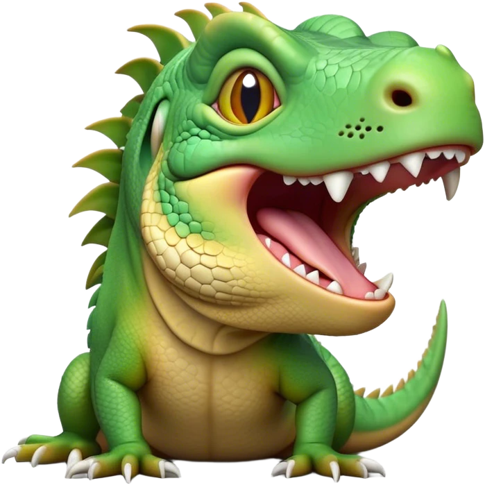 Cinematic Realistic Cute Yawning Iguana Portrait Emoji, Head tilted slightly with a dramatic, wide-open yawn, showcasing a soft, textured green-scaled face with gently drooping features and half-closed, drowsy amber eyes, rendered with natural detail and subtle shadows, high shine, relaxed yet expressive, styled with a dash of tropical charm, soft glowing outline, capturing the essence of a sleepy yet affectionate iguana that appears ready to stretch out and enjoy a peaceful nap! emoji