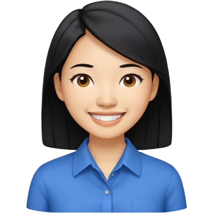 30 yr asian woman light skin medium length straight black hair big smile blue collared shirt emoji