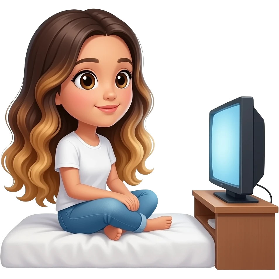 Beautiful Filipino girl beautiful eyes with long wavy hair balayage watching tv in bed side view emoji