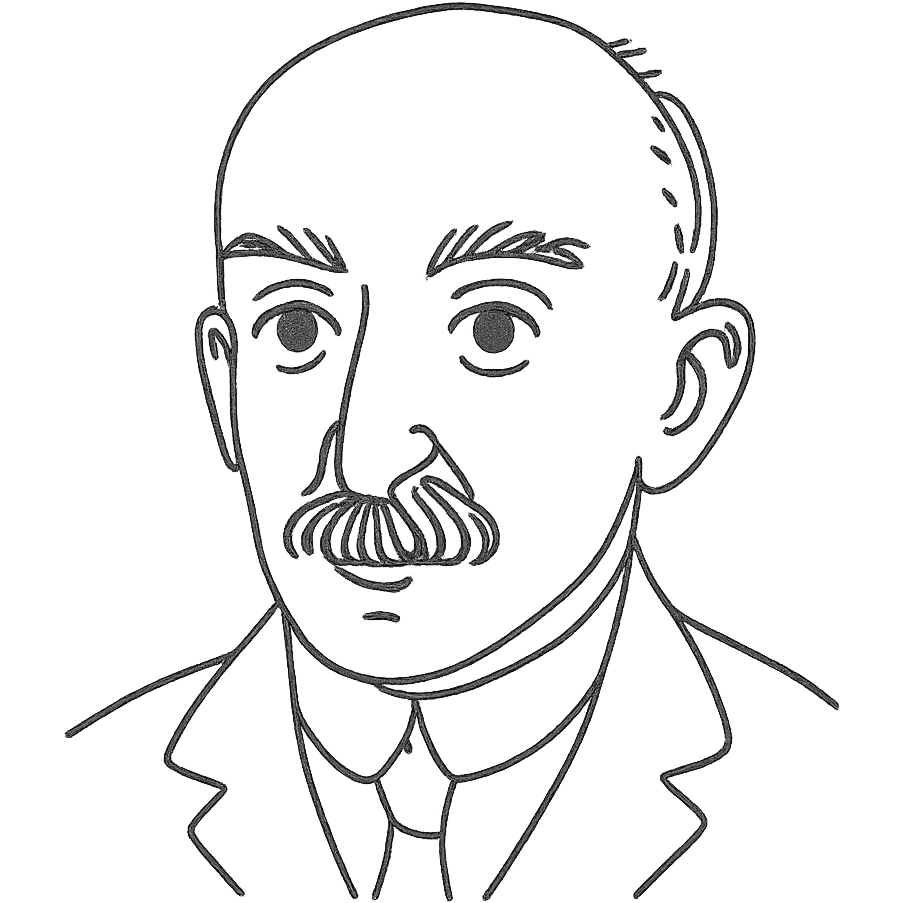 a hand drawn black outline portrait of philosopher Henri Bergson with similar-sized eyes based a famous photograph of him emoji