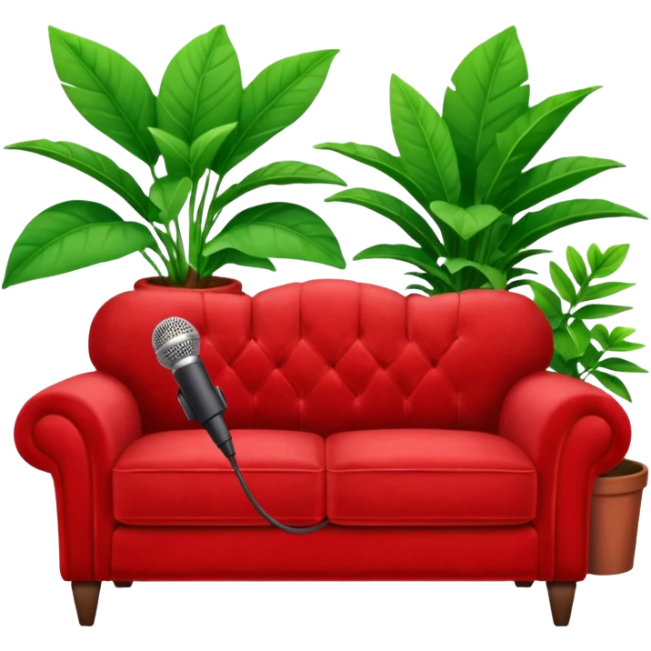 front view of a red velvet couch with a mic in front and a houseplant in the background emoji