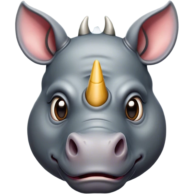 Cinematic Comical Rhinoceros Portrait Emoji, Head tilted dramatically with an exaggeratedly amused expression, featuring a striking, glossy slate-gray hide with a boldly textured horn, wide, expressive eyes filled with playful disbelief, Simplified yet hilariously expressive features, highly detailed, glowing with a slightly sassy glow, high shine, dramatic yet playful, stylized with an air of cheeky wild mischief, bright and endearing, soft glowing outline, capturing the essence of a spirited and over-the-top rhinoceros, so meme-worthy it feels like it could charge its way into internet fame instantly! emoji
