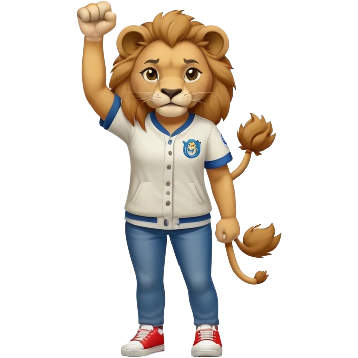 friendly anthropomorphised female lion wearing baseball shirt, jeans, trainers, standing upright with one fist raised, angry expression, no sunglasses emoji