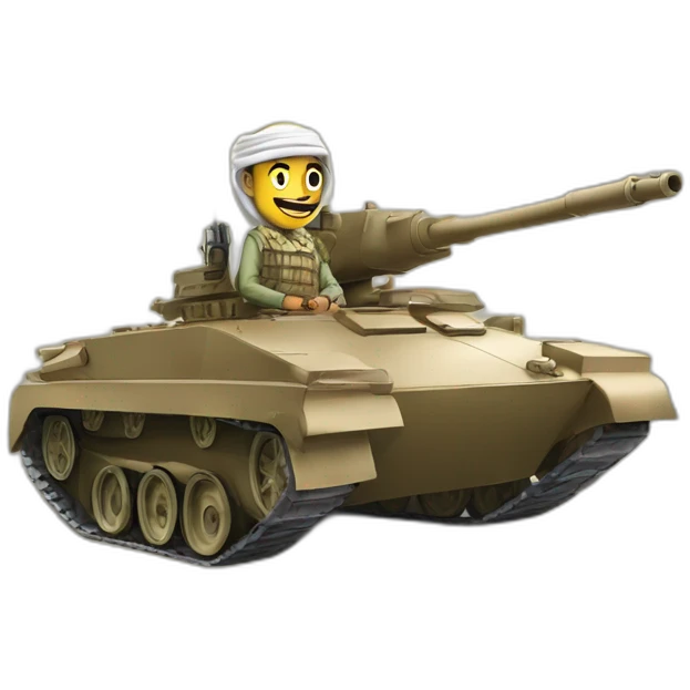 the prince from Saudi Arabia in the shemagh national headdress riding on a tank, smiling emoji