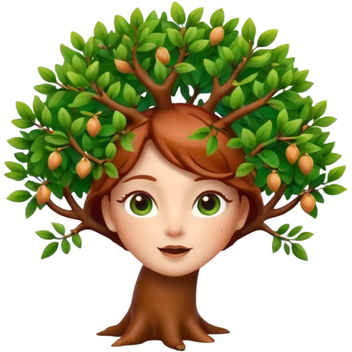 Style memoji iphone. Un petit sapin vert sylvestre, féminin, regard malicieux, tâches de rousseurs délicates, joues roses. Yeux de biche brillants en forme amande, yeux couleur ambre, tronc couleur acajou. Sapin en mouvement, incurvé pour un effet vivant. emoji
