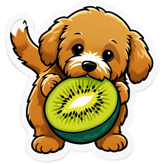 A golden doodle eating a kiwi emoji