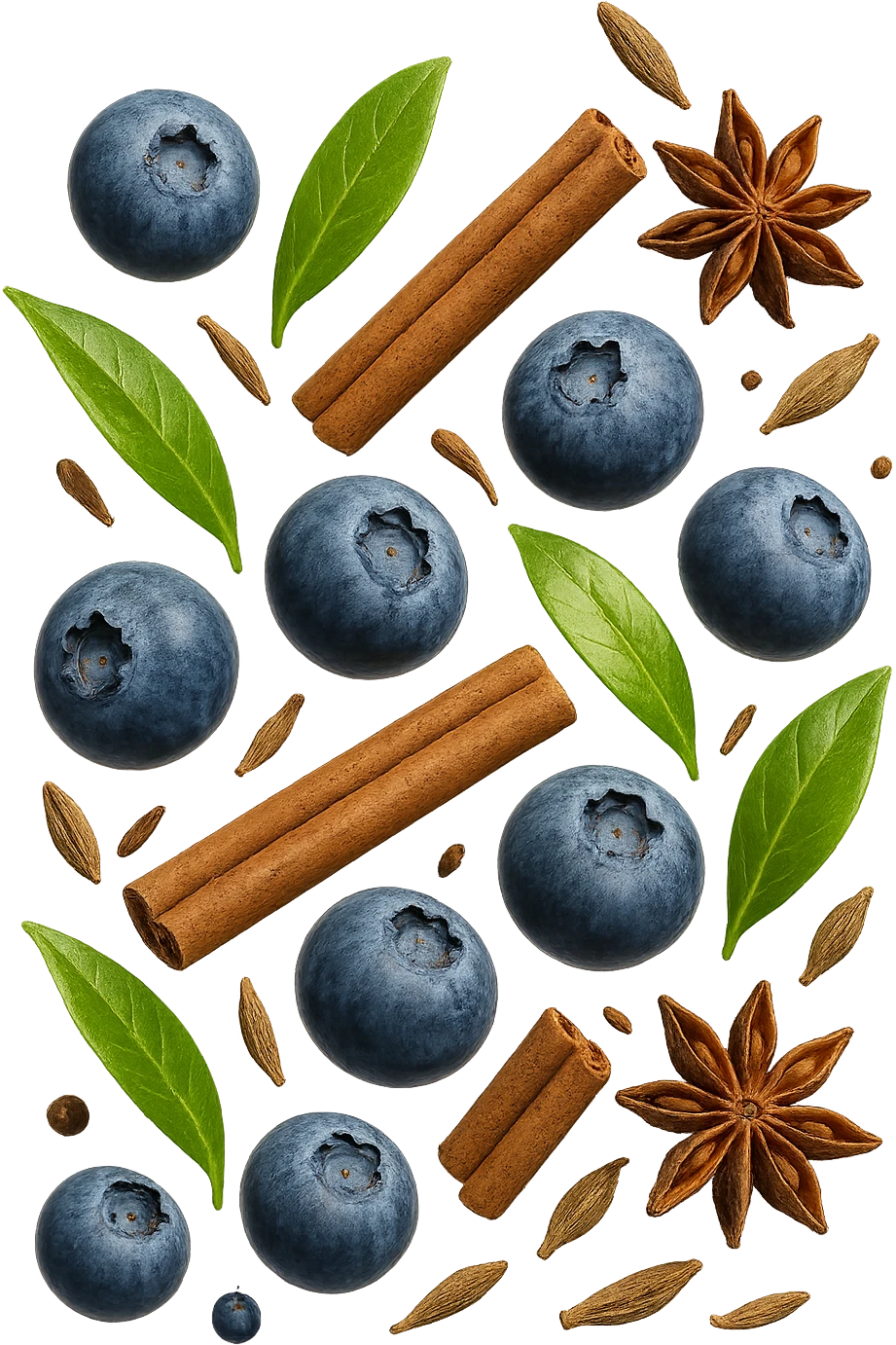 mirtilli, thè verde, spezie, fluttuano in aria, iperrealistico 4k emoji